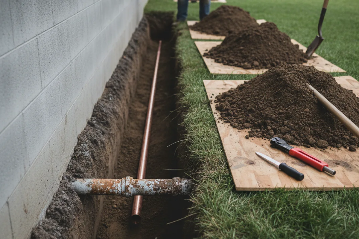 Excavated water line trench during Water Heater Repair in Melba
